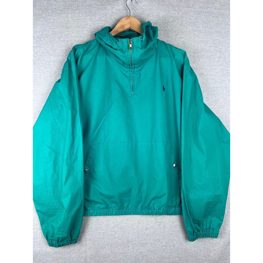 Polo Ralph Lauren Mens Vintage Teal Green Cotton Anorak Hooded Windbreaker Large